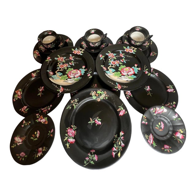 Mason's Ironstone Black Chinoiserie Set 17 Pieces For Sale