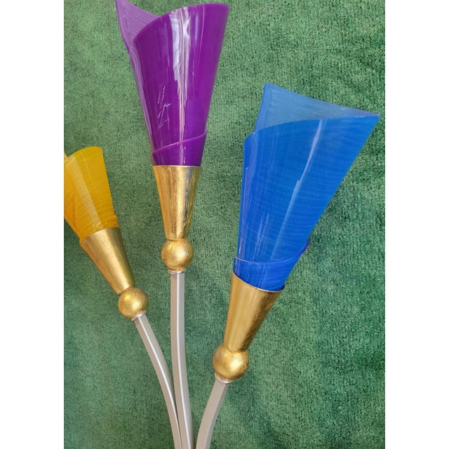 Mid-Century Modern Vintage Mid Century Modern Memphis Style 3 Light Yellow Purple Blue Tulip Colored Lucite Table Lamp For Sale - Image 3 of 8