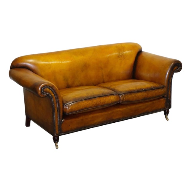 Victorian Hand Dyed Tan Brown Leather Sofa For Sale