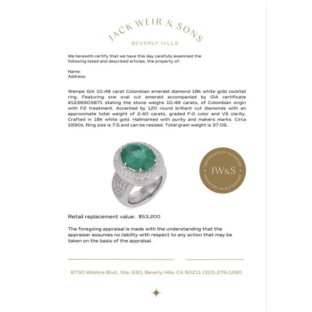 Green 1990s Wempe Gia 10.48 Carat Colombian Emerald Diamond 18k White Gold Cocktail Ring, Size 5 For Sale - Image 8 of 8