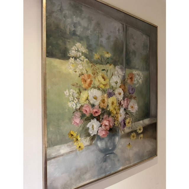 Textile Large 49" Mid-Century Modern Floral Still Life Oil Painting by Ilona Wellman For Sale - Image 7 of 12