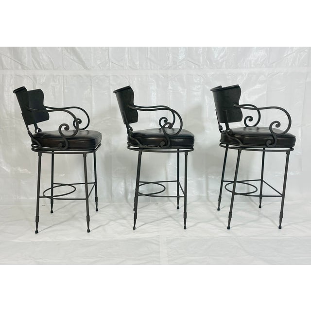 Arhaus 1990s Industrial Steel Counter Stools With Leather Seats, Set of 3 For Sale - Image 4 of 18