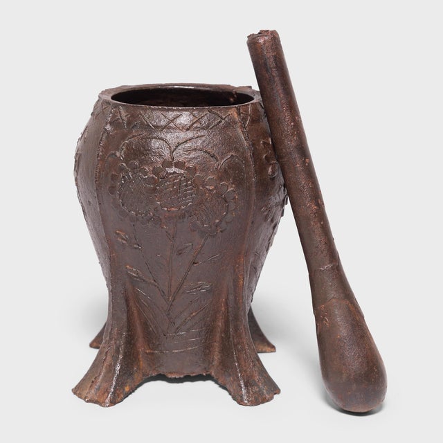 Chinese Floral Cast Iron Mortar, C. 1950 For Sale - Image 4 of 8