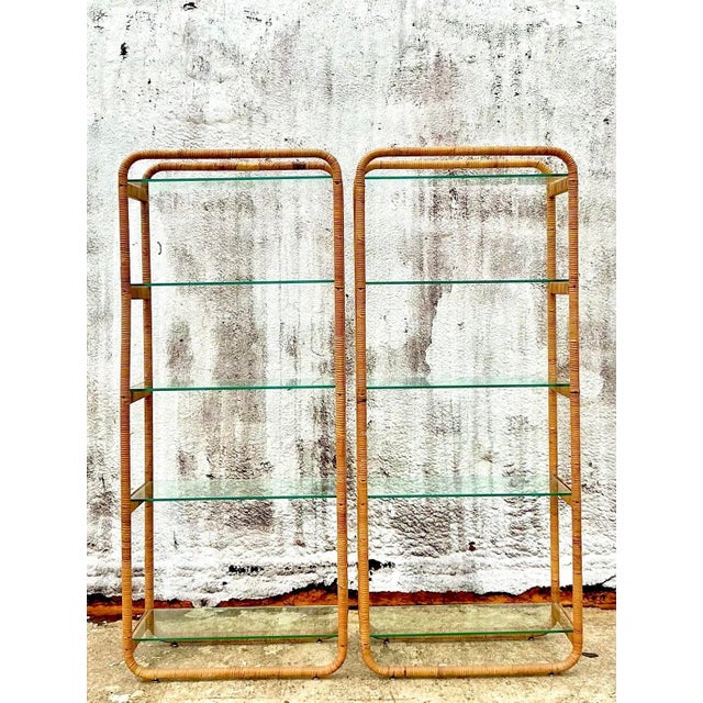 1970s Vintage Boho Curved Cornered Wrapped Rattan Etagere - A Pair For Sale - Image 5 of 8