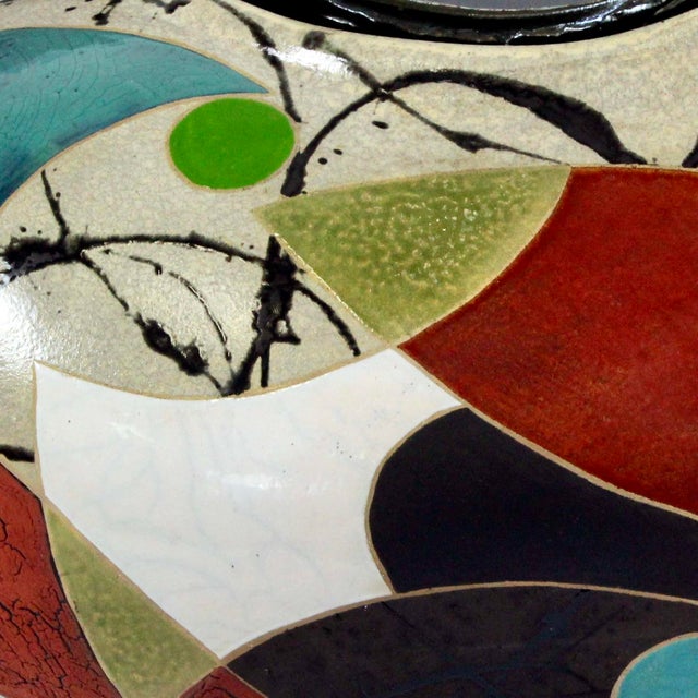 "Winter Wind" by Michael Gustavson, Raku Ceramic Vessel, Deep Black Ground With Green Teal and Red Glaze, Contemporary California Art, Vibrant Colors For Sale In Sacramento - Image 6 of 7