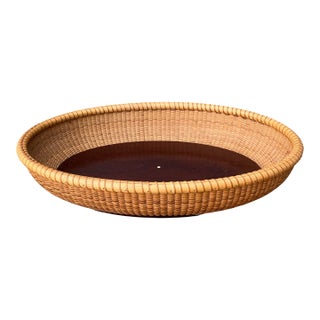 Vintage Rattan Woven Nantucket Basket With Wood Base For Sale