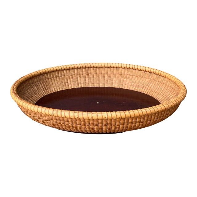 Vintage Rattan Woven Nantucket Basket With Wood Base For Sale
