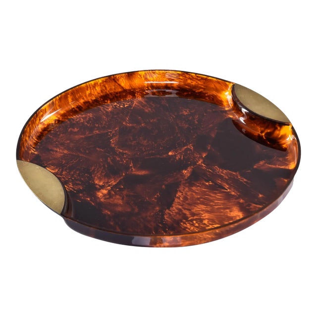 Vintage Italian Round Faux Tortoise Tray With Brass Trim For Sale