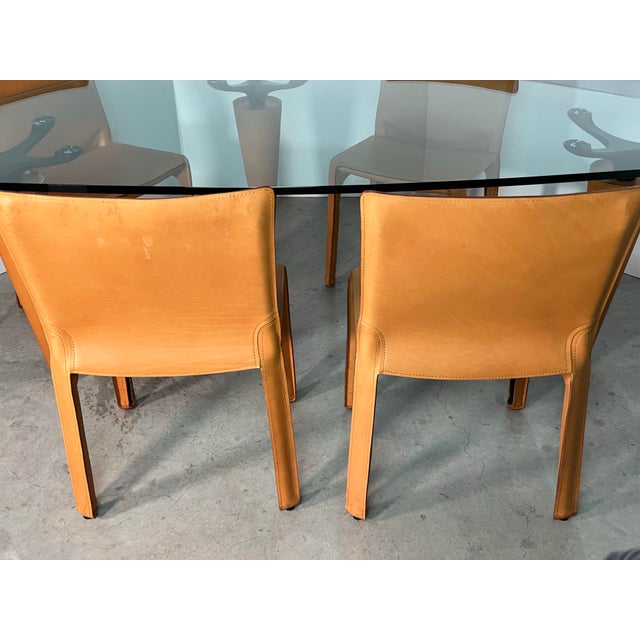 Tan 1 Cassina Isao Hosoe Oskar 705 Scalene Triangular Glass Top With 4 Mario Bellini Leather Chairs For Sale - Image 8 of 12