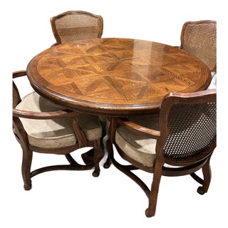 Vintage Round Parquetry Game Table 42" With 4 Chairs For Sale