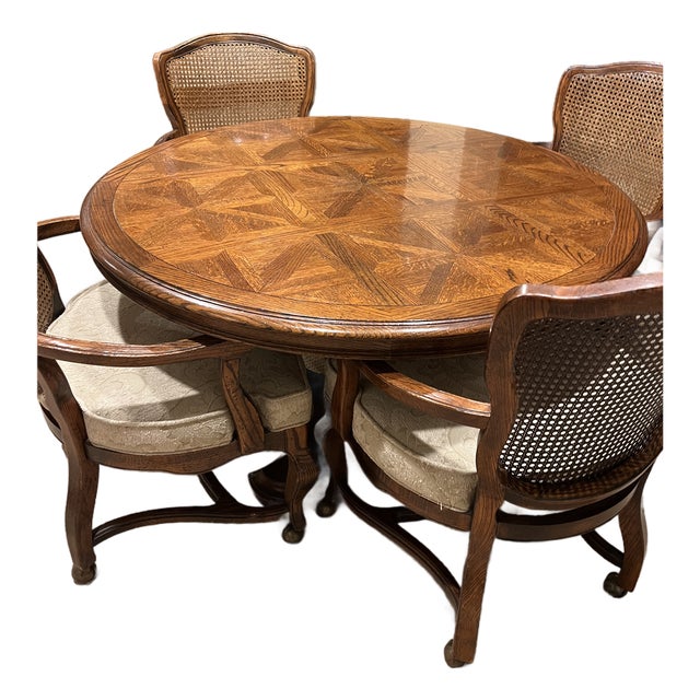 Vintage Round Parquetry Game Table 42" With 4 Chairs For Sale