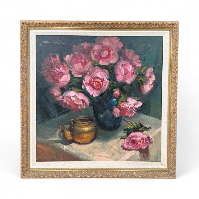 This is a framed oil on board depicting a still life of peonies in a vase. It was complete by Richard Fillhouer , an...