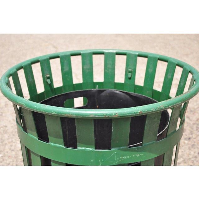 American Late 20th Century Outdoor Slatted Steel Metal Green Park Trash Can & Liner - 24 Gallon For Sale - Image 3 of 10