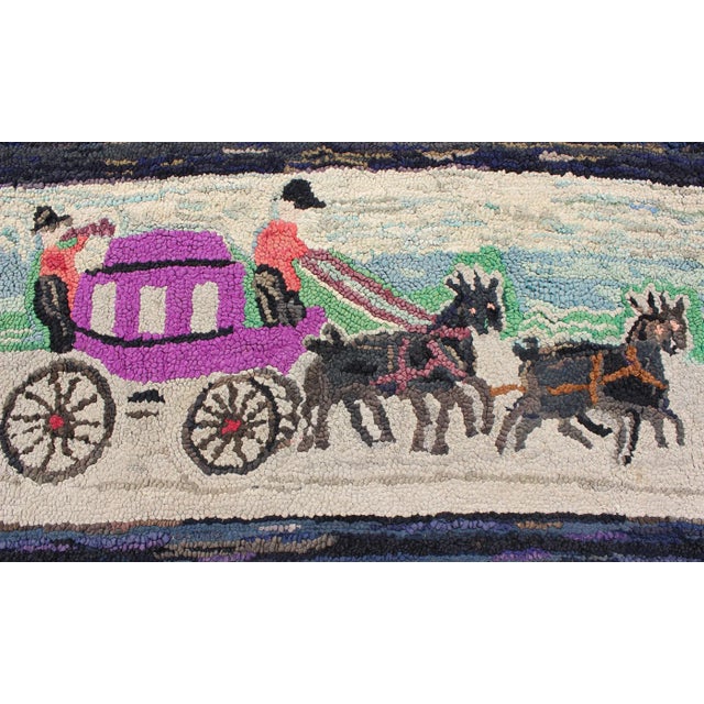 Pictorial Antique American Hooked Rug Horse & Buggy in Multi Colors For Sale - Image 4 of 9