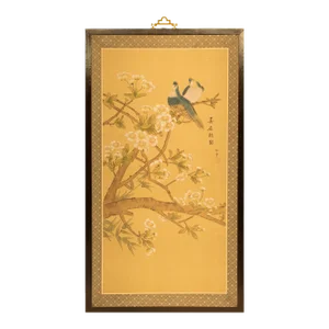 C. 1970s Chinoiserie Painted Silk Panel With Blue Birds and Sakura