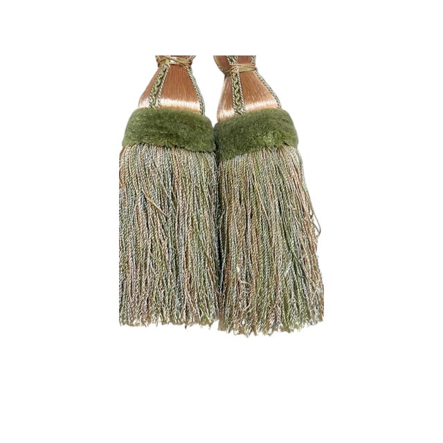 Pair of Vintage French Passementerie Pink and Olive Green Tassels For Sale - Image 4 of 4