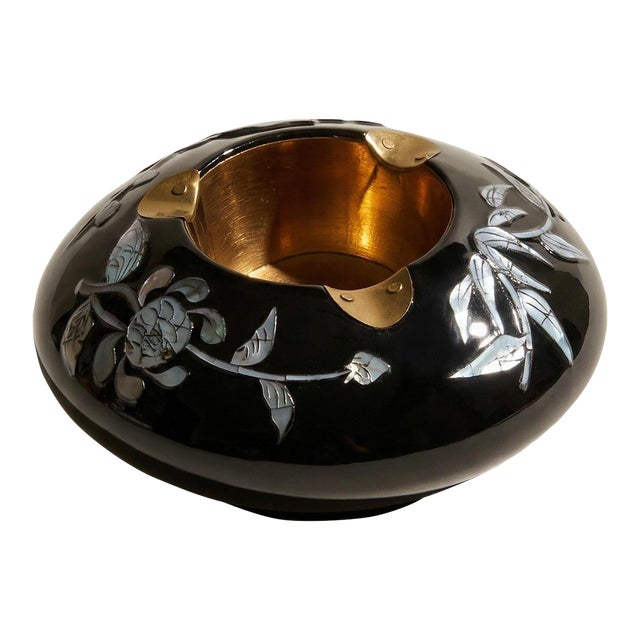 Mother of Pearl and Black Lacquer Brass Ashtray For Sale