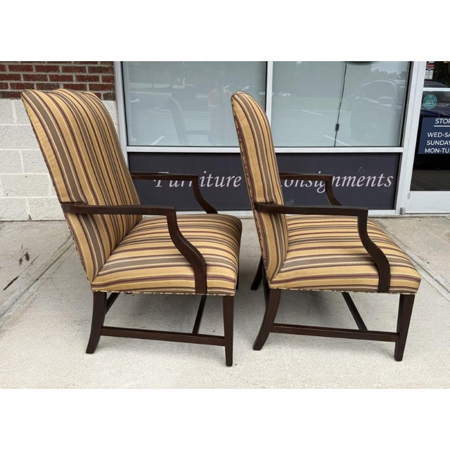 2000 - 2009 Pair of Ethan Allen High Back Arm Chairs With Striped Upholstery For Sale - Image 5 of 16