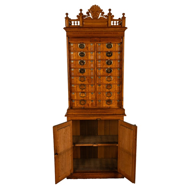 Brown Antique American Carved Oak Victorian Roll Top Letter File Cabinet Amberg Co, 1883 For Sale - Image 8 of 16