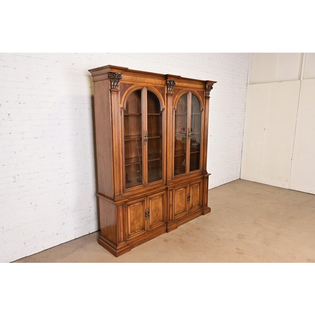 Romweber Romweber Neoclassical Carved Burled Walnut Lighted Breakfront Bookcase Cabinet, Circa 1960s For Sale - Image 4 of 15