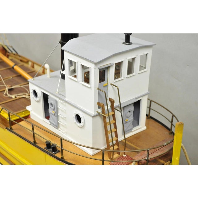 Large 48" Vintage Wooden Fishing Vessel Model Ship Yellow Hull South Korean Flag For Sale - Image 12 of 18