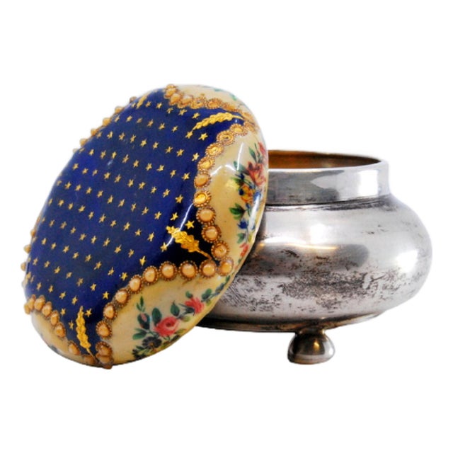 Circular Silver Box with Enamelled Ceramic Lid For Sale