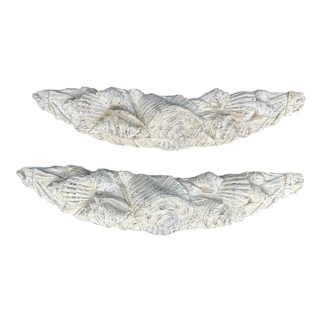 Pair Large Plaster Faux Driftwood Architectural Festoons, Wall Mount Swags- Seashell Motif For Sale