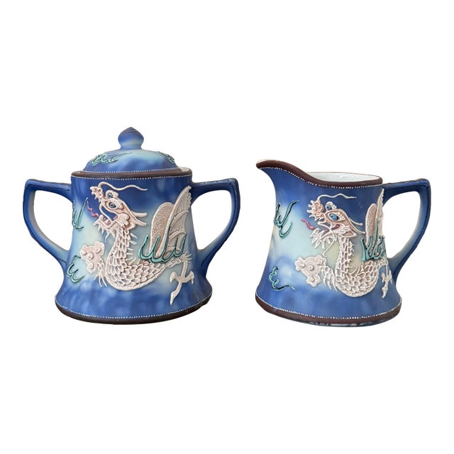 Vintage Hand Painted Dragonware Sugar Bowl and Creamer Set Japan Blue Dragon Tea Set Asian Motif Mid Century For Sale