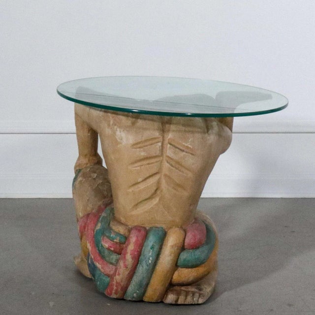 Asian 1960's Polychrome Hand Wood Carved Figural and Glass Side Table For Sale - Image 3 of 10