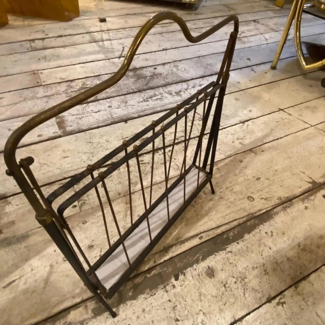 Mid-Century Modern 1950s Mid-Century Modern Black Painted Iron and Brass Italian Magazine Rack For Sale - Image 3 of 9