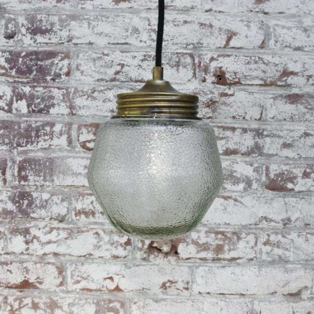 Vintage Industrial Frosted Glass & Brass Pendant Lamp For Sale - Image 6 of 7