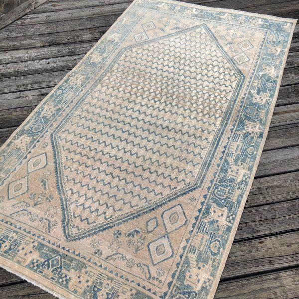 Persian Antique Persian Rug | Light Beige & Soft Blue Geometric Design | 4'x7' For Sale - Image 3 of 6