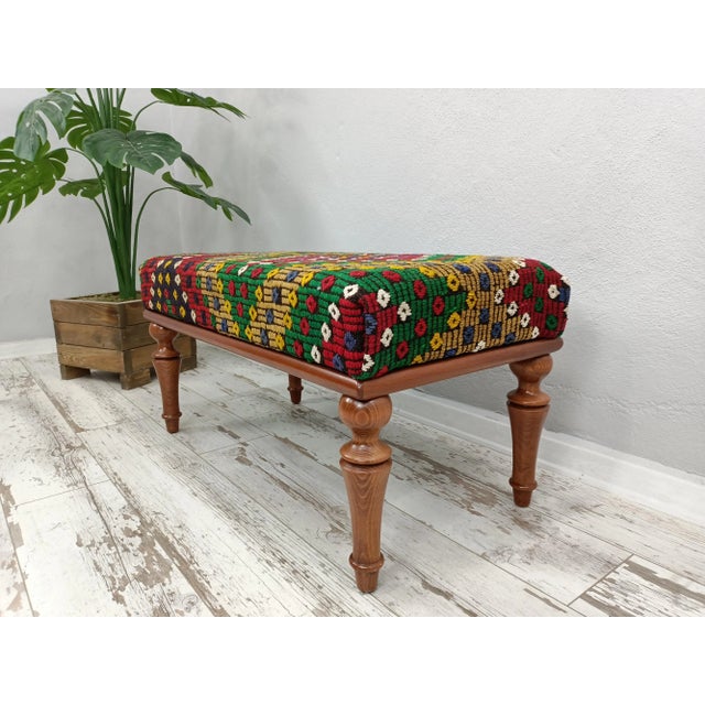 Forest Green Kilim Upholstered Bedroom Bench For Sale - Image 8 of 11