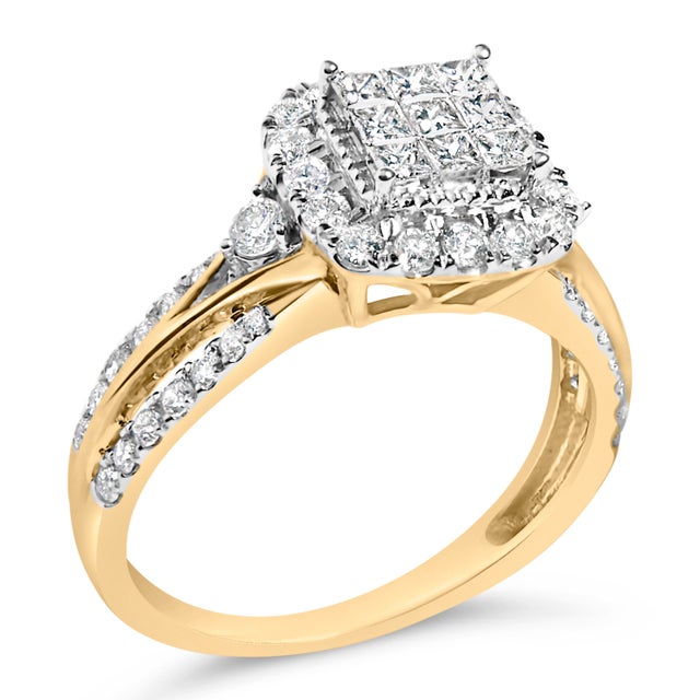 Contemporary 10K Yellow Gold 1.0 Cttw Diamond Composite Cushion-Shape Halo 3-Band-Look Engagement Ring (H-I Color, SI1-SI2 Clarity) - Size 6-1/2 For Sale - Image 3 of 7