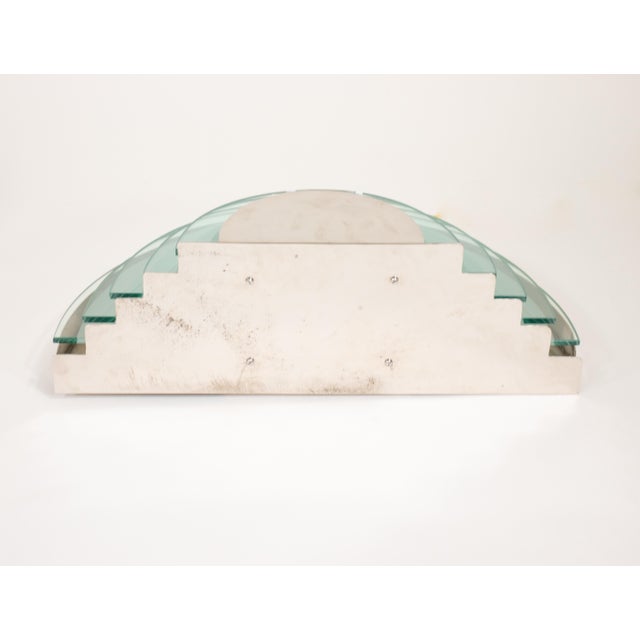 Turquoise Pair of Large Argentinian Art Deco Semi-Circular Layered Chrome and Glass Sconces For Sale - Image 8 of 12