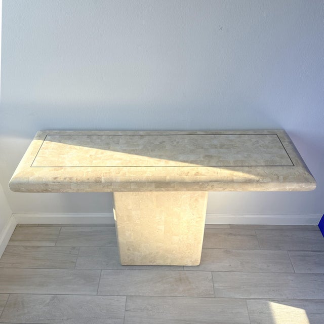 Maitland Smith Tessellated Stone Pedestal Console Table With Brass Inlay For Sale - Image 11 of 12