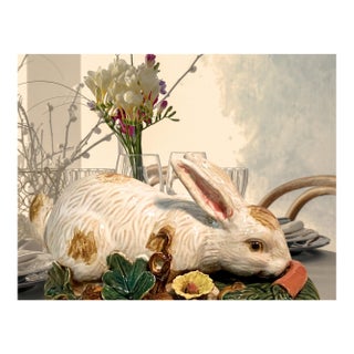 Antique Handmade Majolica Ceramic White Rabbit, Easter Bunny, Centerpiece, Home Decor For Sale