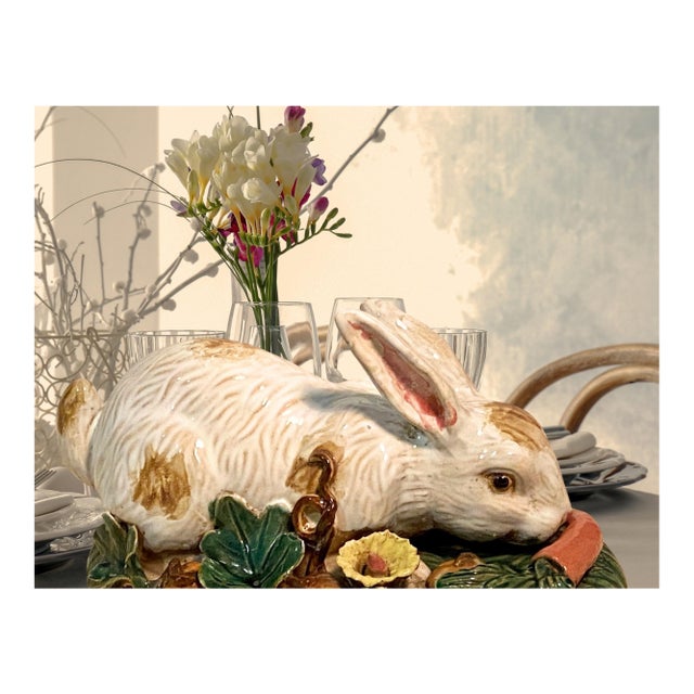 Antique Handmade Majolica Ceramic White Rabbit, Easter Bunny, Centerpiece, Home Decor For Sale