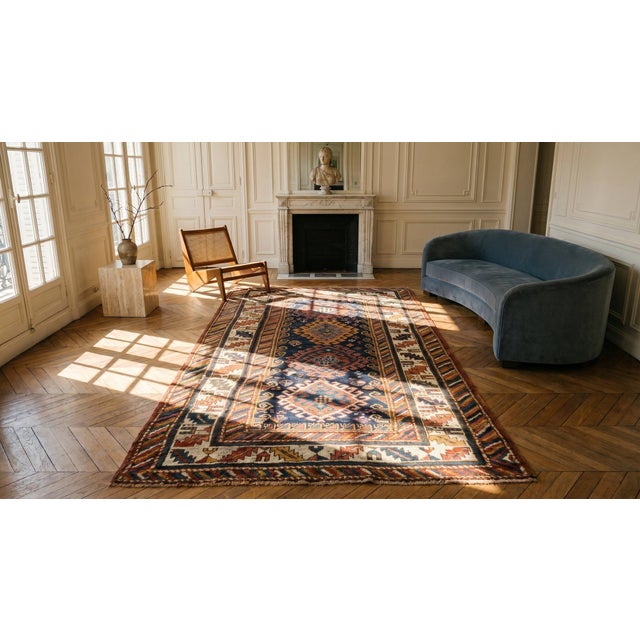 1900s Blue Navy Geometric Tribal Antique Caucasian Kazak Rug 3'10" X 7' Handknotted Wool Carpet For Sale - Image 9 of 9