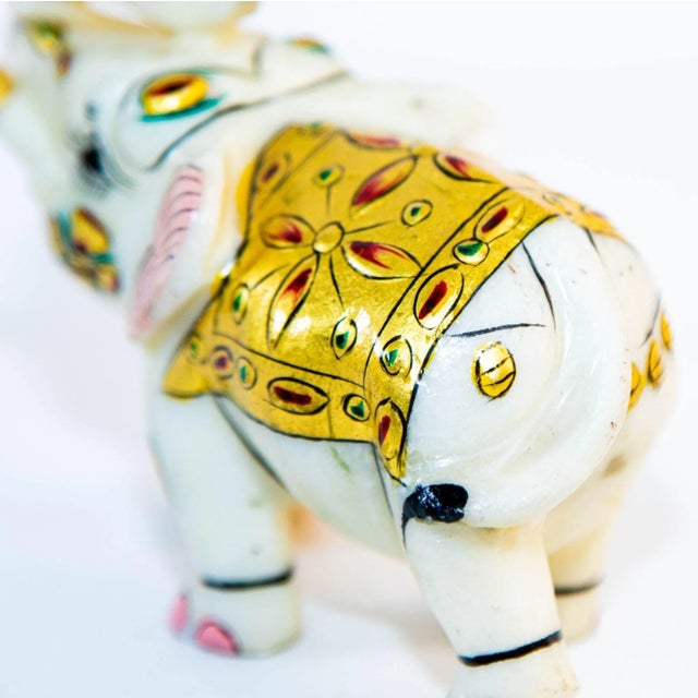 Vintage White Marble Mughal Jeweled Elephant Sculpture Paper Weight For Sale - Image 4 of 12