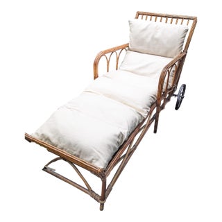 1930s Stick Wicker/Reed Chaise With 2 Wheels Cushion Included For Sale