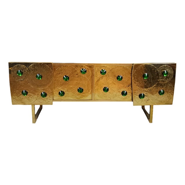 Italian Brass and Black Glass Sideboard with 24 Green Murano Glass Jewels from Justfurnituress SRL For Sale
