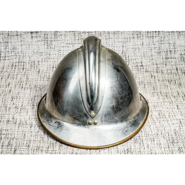Metal Fascinating Antique French France Fireman's Helmet Decorative Silver Tone Metal With Bronze Crest Home Decor For Sale - Image 7 of 11