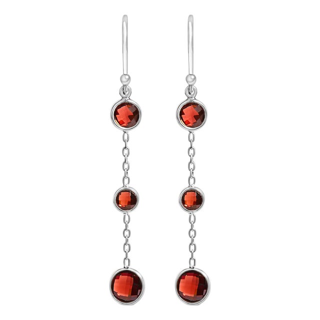 .925 Sterling Silver Graduating Bezel Set Red Garnet Dangle Earring For Sale