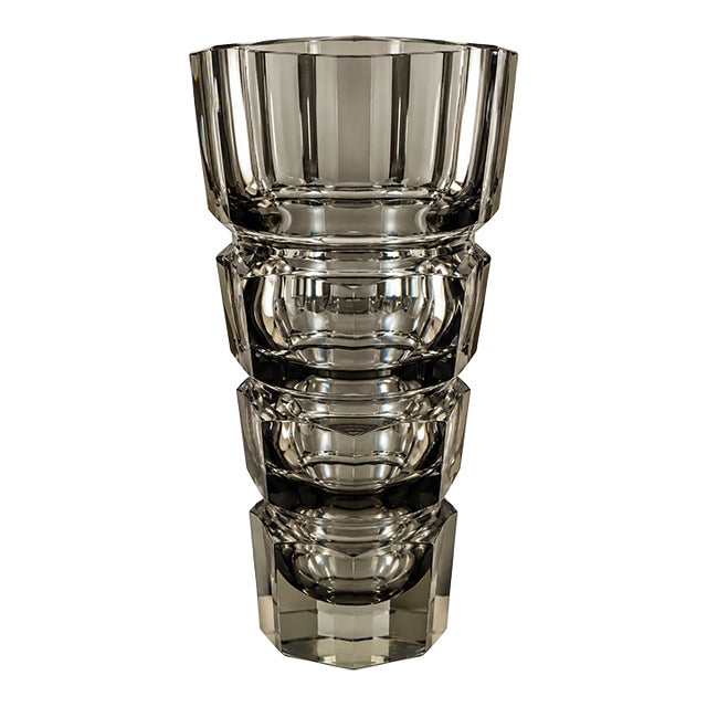 1930s Art Deco Faceted Smoky Crystal "Stepped" Prism Vase by Josef Hoffmann for Moser For Sale