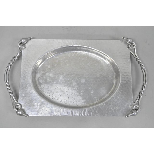 Vintage Buenilum Art Nouveau Hand Hammered Aluminum Serving Tray W Tulip Handles For Sale - Image 12 of 14