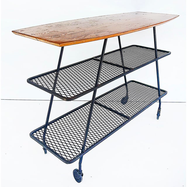 Mid 20th Century Arthur Umanoff Wrought Iron Rolling Bar Cart, Surfboard Wood Top For Sale - Image 5 of 9