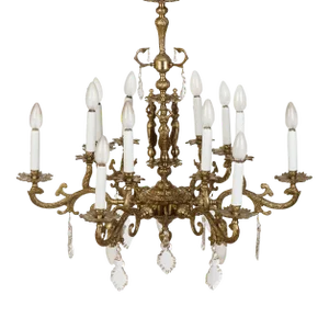 1950s Brass & Crystal 15 Light 3 Tier Chandelier