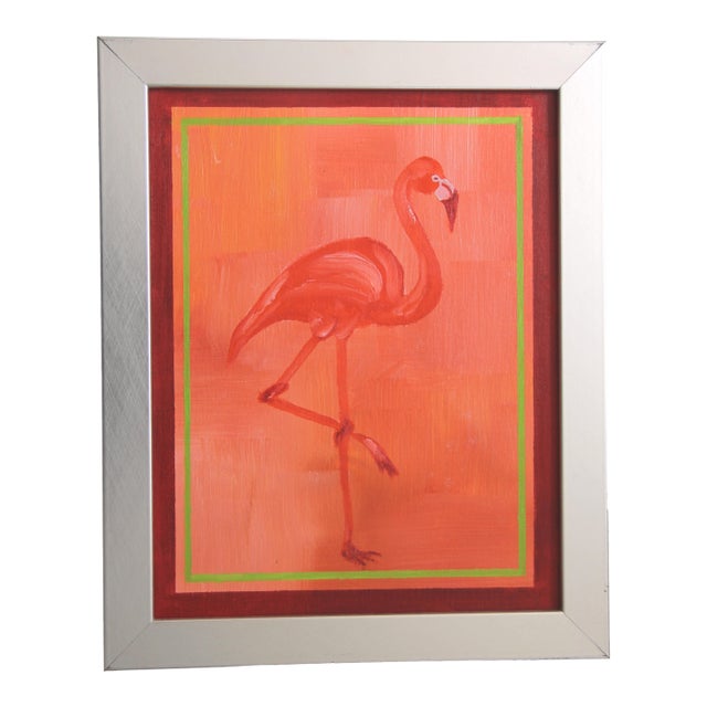 Bird Flamingo Minimalism Pop Art Apricot Orange Green Original Oil Painting Cleo Plowden For Sale