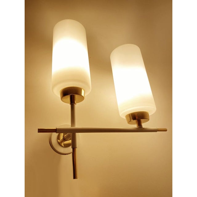 Pair of Vintage mid centurysconces with square opaline glass shades with a contrasting checkered serigraphed pattern ,...